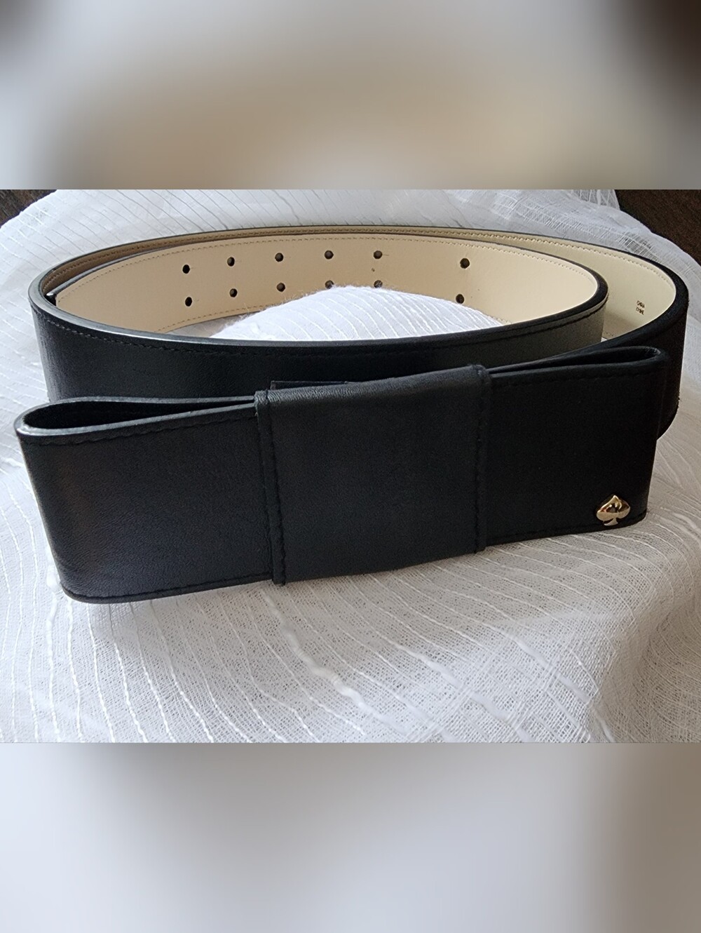 KATE SPADE NEW YORK Black Leather Statement Bow Waist Belt with Gold Logo Accent